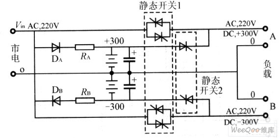 采用两组蓄电池及单管半波整流充电的单相无逆变器UPS电路图