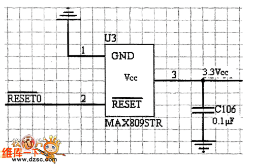 采用MAX809芯片的复位电路图