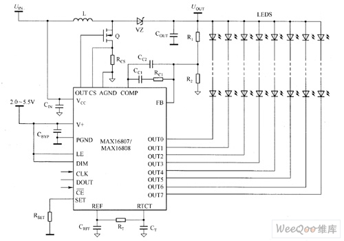 MAX16807／MAX16808驱动白光LED电路图