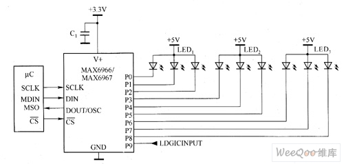 MAX6966／MAX6967驱动白光LED电路图