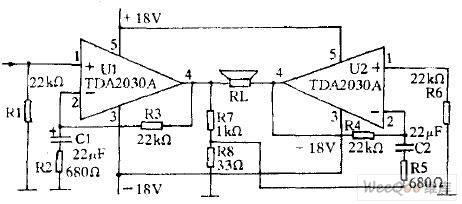 用TDA2030A做成的BTL形式功放电路图