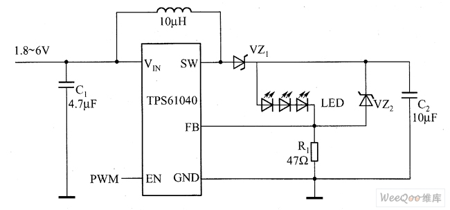 使用电感升压变换器IC驱动串联的LED电路图