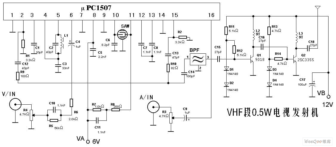 VHF段0.5W电视发射机电路图