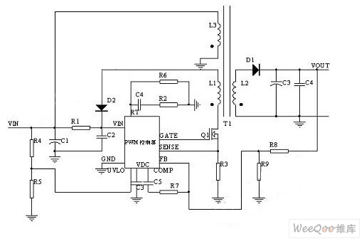 用反激式(FLYBACK)开关电源拓朴结构实现的适配器的电路图
