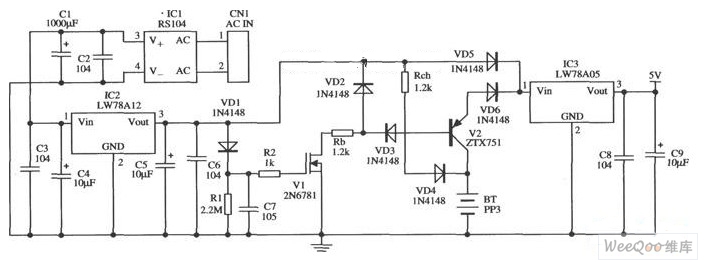 LW78A12控制的瞬时备用的5V电源的应用电路图