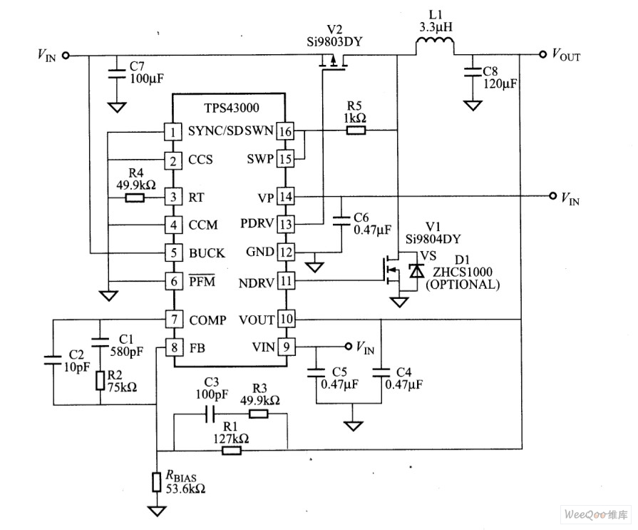 TPS43000在一典型750KHZ降压电路中的应用电路图
