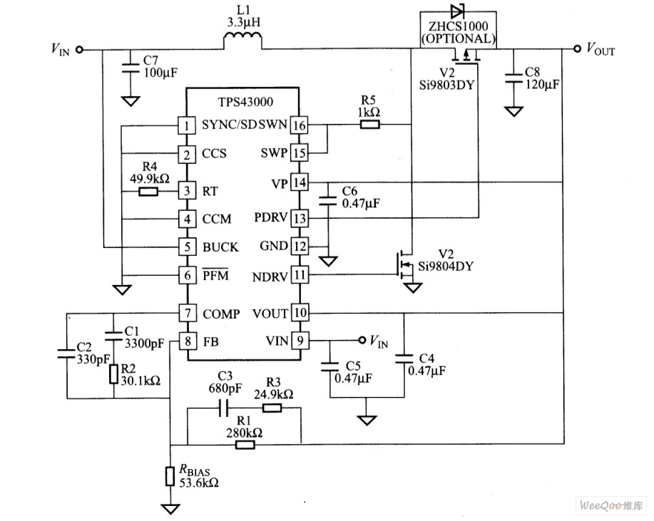TPS43000在一典型750KHZ升压电路中的应用电路图