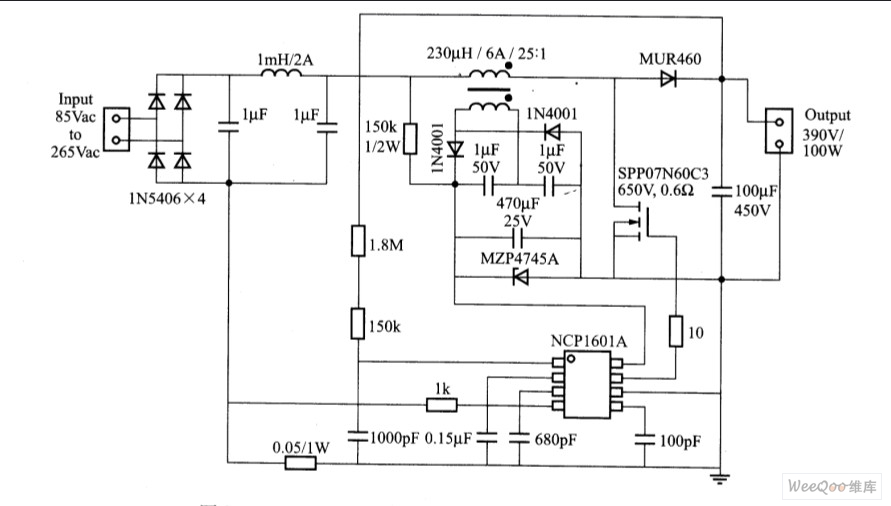 NCP1601组成的100W断续导通型PFC控制电路图