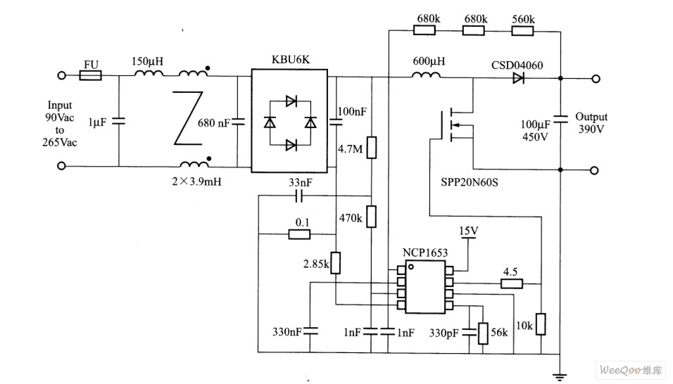 NCP1653控制的300W、100KHZ PFC完整电路图