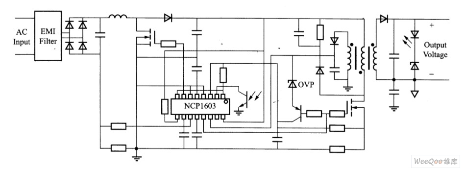 采用NCP1603设计的非同步工作模式AC/DC适配器电路图