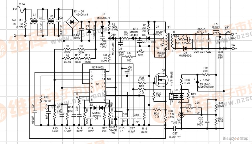 NCP1652 控制器设计的50W-150W AC-DC LED电路图