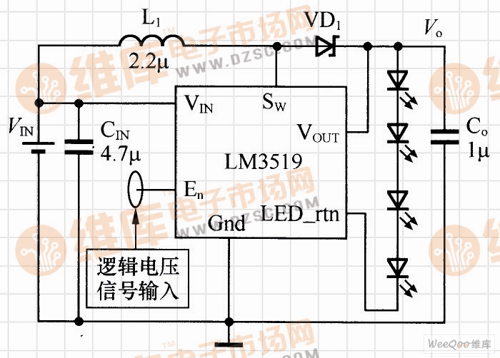基于LM3519无须外置电阻的单串LED驱动电路