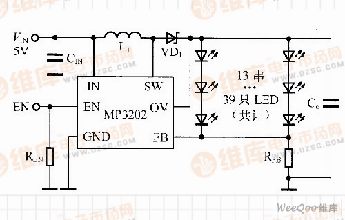 基于MP3202驱动13串39只白光LED的电路