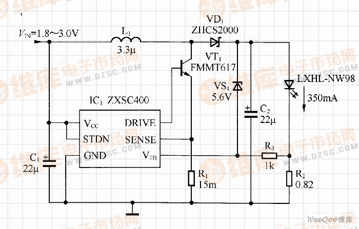 ZXSC400驱动单只1WLED的电路