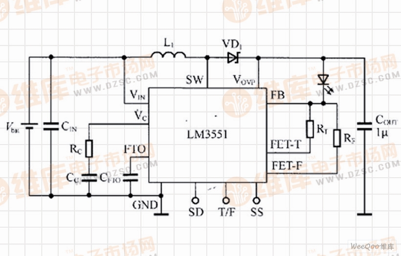 LM3551驱动单只LED的闪光灯电路