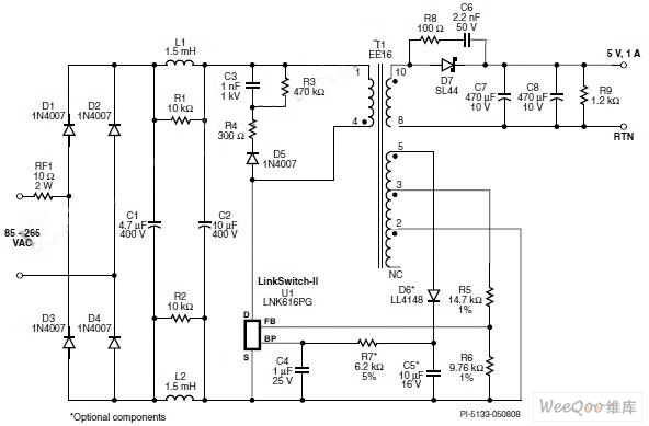 5W通用输入恒压/恒流充电器电源的电路图