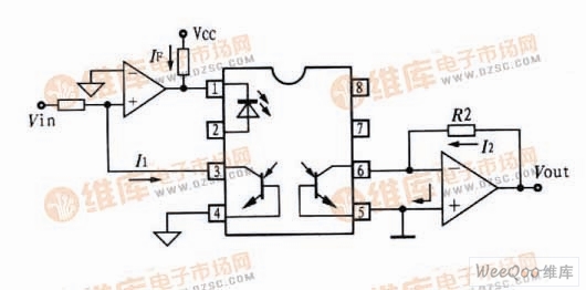 LOCll0光耦合器光电压模式隔离放大电路图