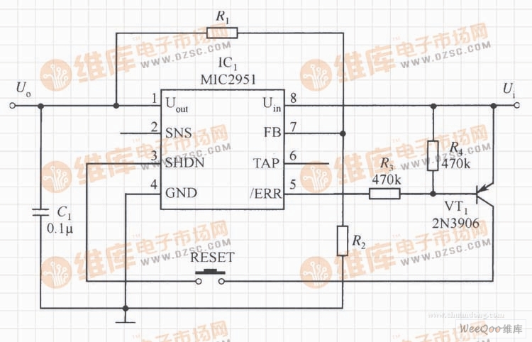 MIC2951构成的一旦有出错信号就能及时关断输出的稳压电源电路