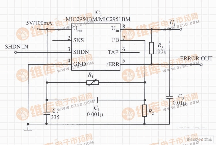MIC2951构成的输出电压连续可调的稳压电源电路