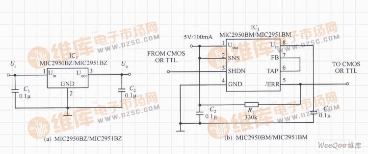 MIC2950/MIC2951构成的固定输出的稳压电源电路