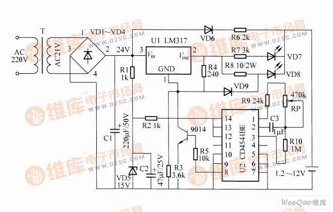宽电压恒流定时充电器电路图