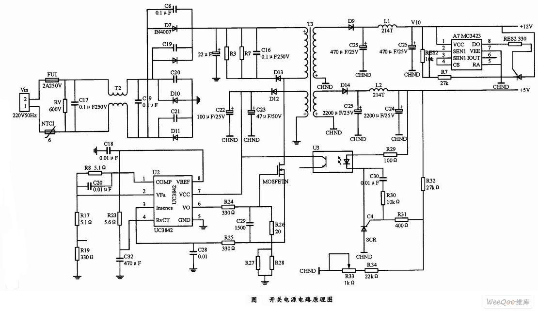 基于MC3423的反激式开关电源电路的原理图