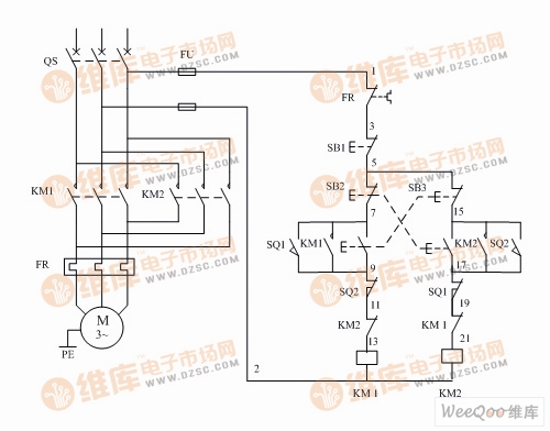 电动机可逆运行自动往返控制电路图