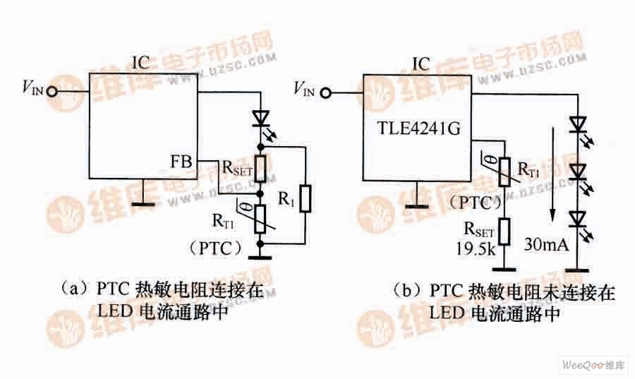 采用PTC热敏电阻控制LED电流电路
