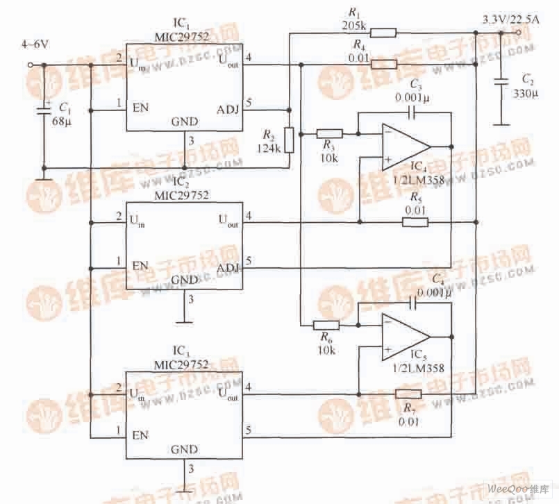 多个MIC29752并联工作构成大电流输出的稳压器电路