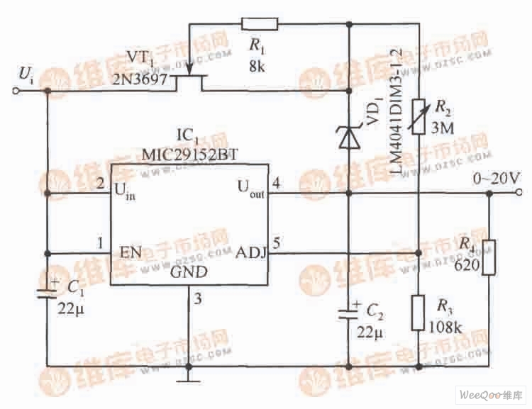 MIC29152BT构成的输出电压0～20V连续可调的稳压器电路
