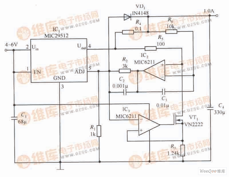 MIC29152构成的输出电流为1.0A的恒流源电路
