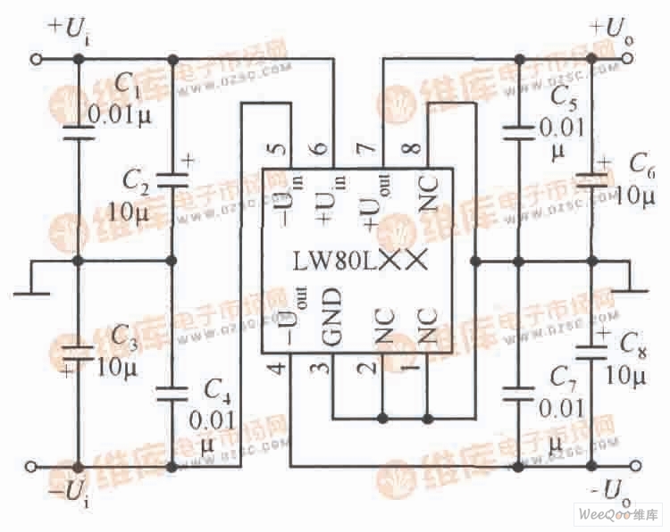 基于LW80L××系列固定输出正负电压双输出集成稳压器的典型应用电路