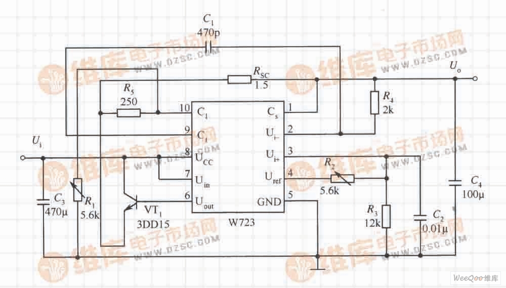 由W723构成的低电压并带有限流功能的扩流应用电路