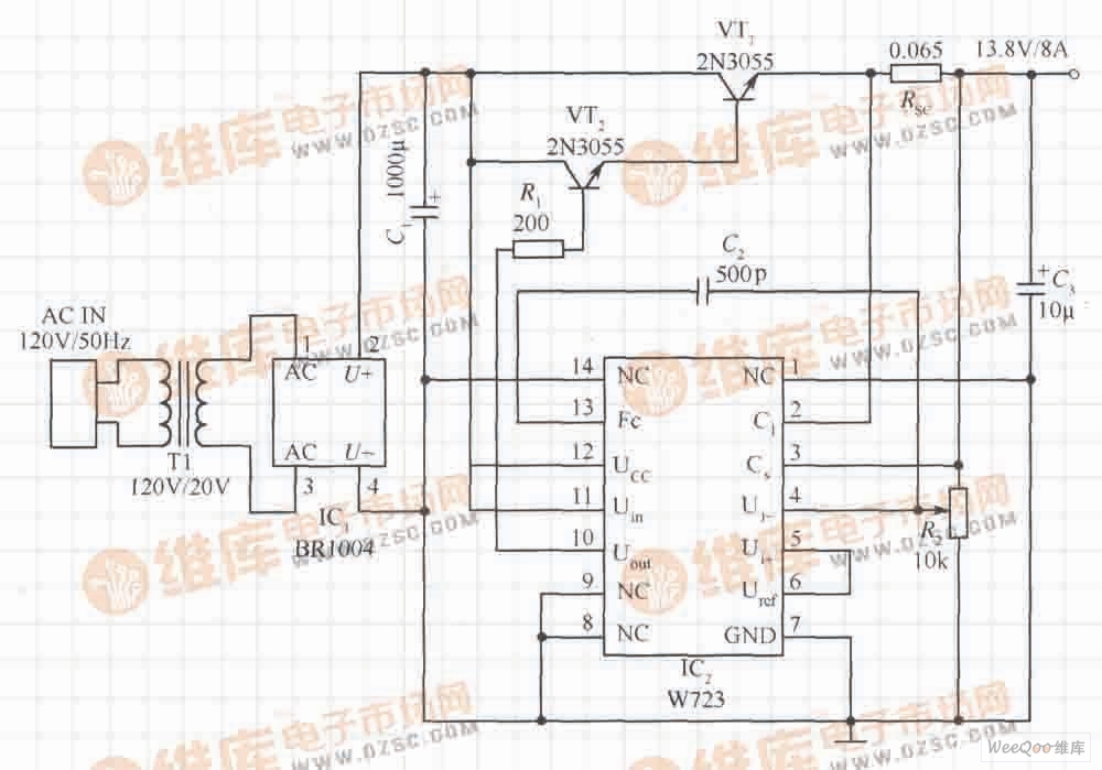 由W723构成的汽车用的8A直流稳压电源电路