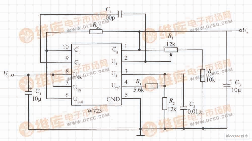 正固定输出电压W723集成稳压器的典型电路图