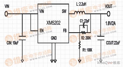 基于XM52022A 1.5MHz 同步降压DC/DC转换器电路