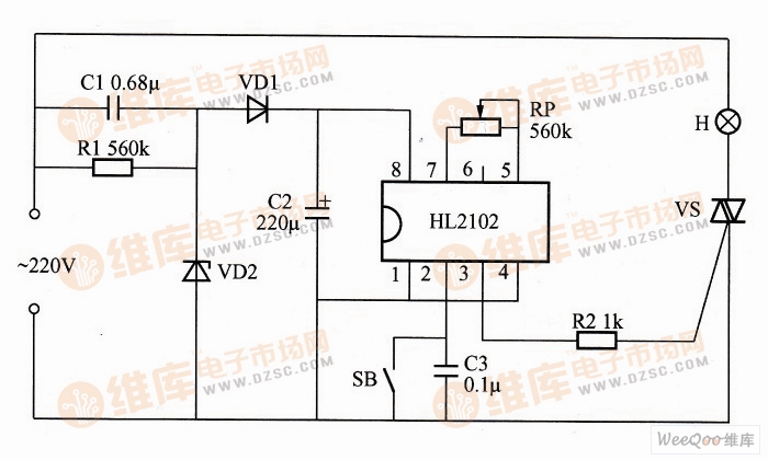 利用HL2102构成的延时式照明控制器电路