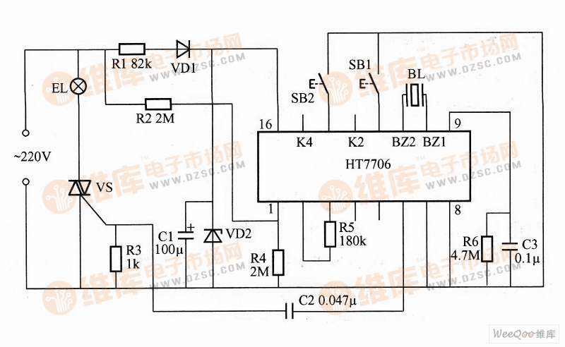 基于HT7706构成的按键式无极调光照明控制器电路图