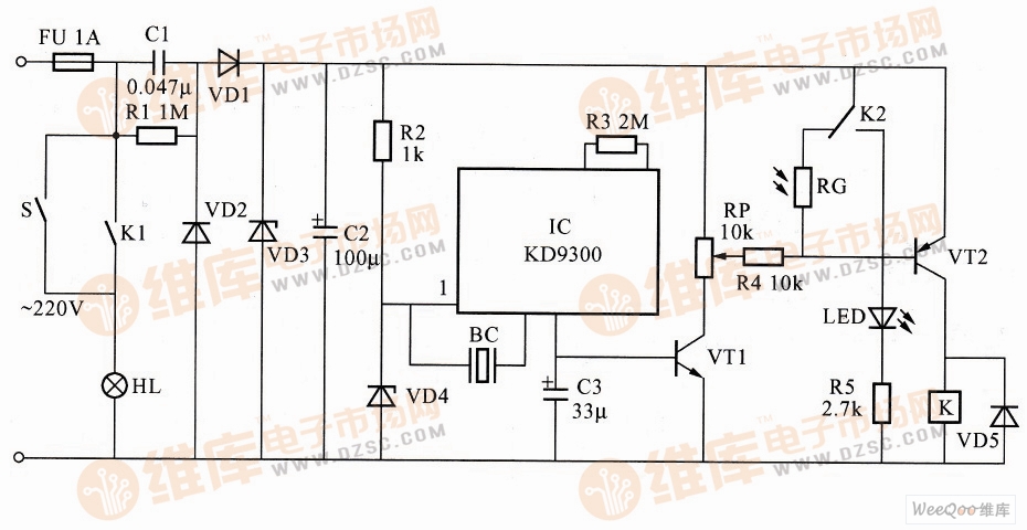 基于KD9300构成的声、光双控延时照明控制器电路图