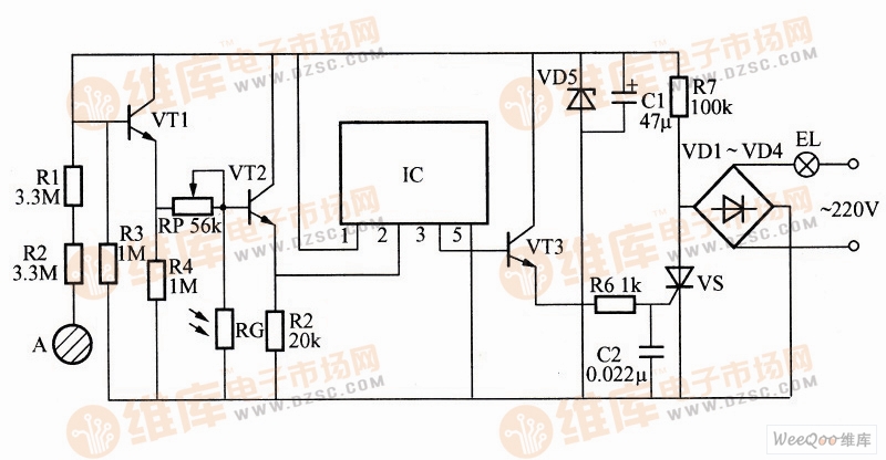 利用KD9300构成的光控、触摸延时照明控制器电路图