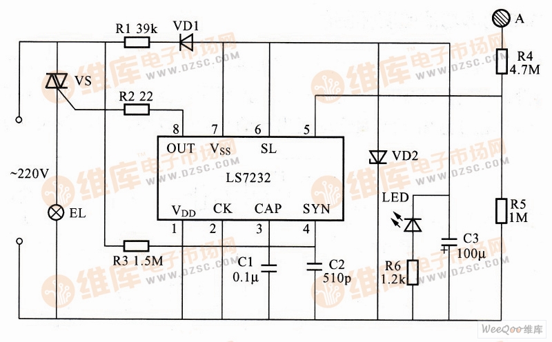 利用LS7232构成的无级调光控制器电路图