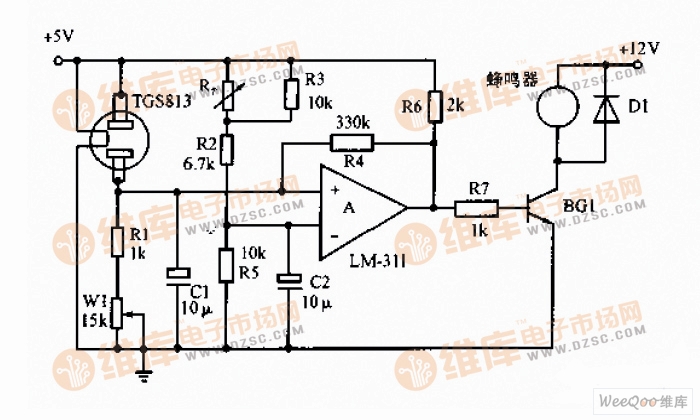 具有温度补偿的气体报警器电路图