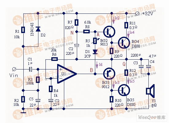 功率放大器输入级使用运放IC的电路图