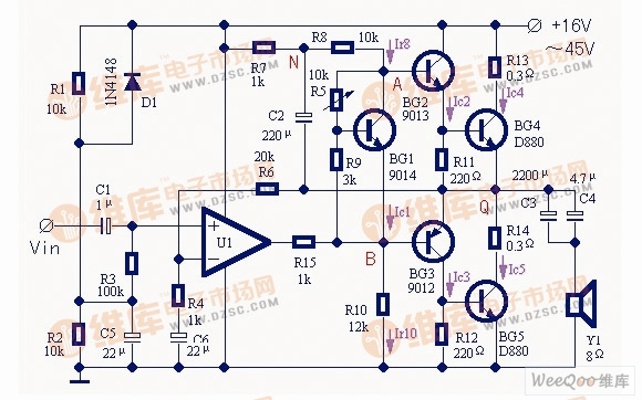 功率放大器输入级使用运放IC的改进电路图