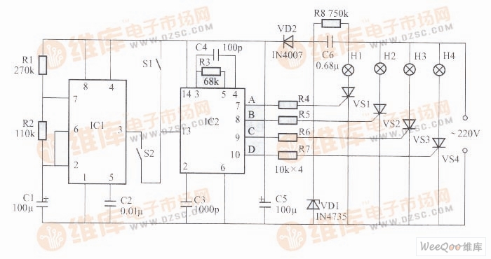 利用YX9010构成的多功能彩灯控制器电路图