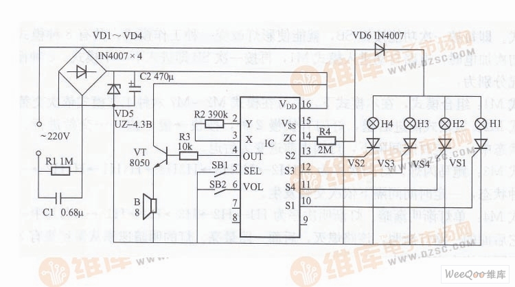 利用SC3160构成的四路双音多功能彩灯控制器电路图