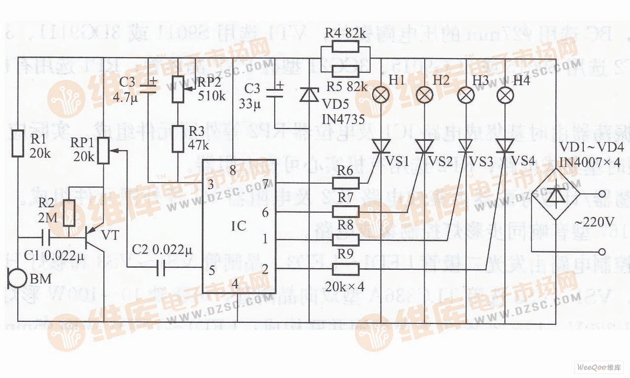 利用LC182构成的声控闪烁彩灯控制器电路图