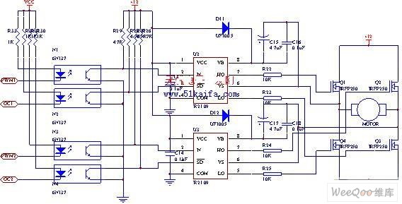 采用IRFP250功率管的H桥式电机驱动电路图