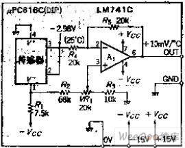 可线性输出10MV/°C电压的IC温度转换电路图