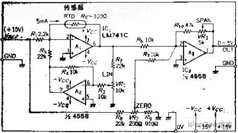 由OP放大器反馈环跑构成的恒定电压驱动的电桥传感器电路图